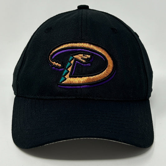 Front view of Arizona Diamondbacks Hat in black with embroidered logo featuring a snake design