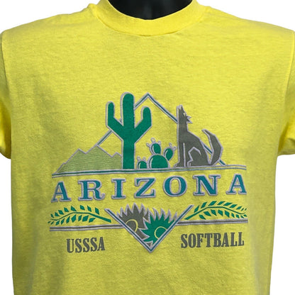 Yellow Hanes T-Shirt featuring Arizona Softball graphic, front view with cacti and mountain design