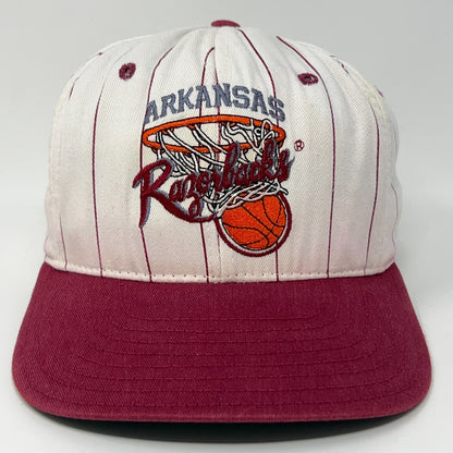 Front view of Vintage Arkansas Razorbacks baseball cap in cream and maroon with embroidered logo
