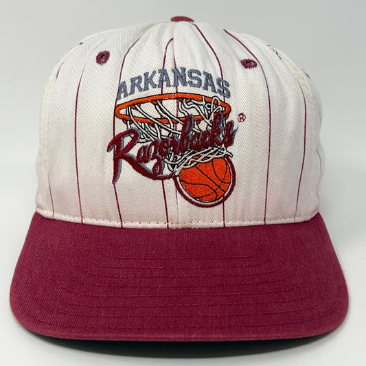 Front view of Vintage Arkansas Razorbacks baseball cap in cream and maroon with embroidered logo