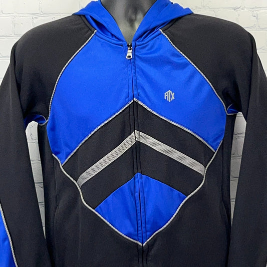 Armani Exchange Men's Black and Blue Zip-Up Jacket with Unique Design and Logo Detail on the Chest