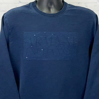 Navy blue Armani Exchange sweatshirt with subtle logo detail, front view, size medium.