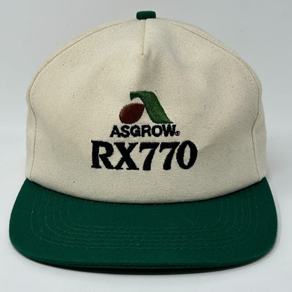 Front view of a vintage hat in cream and green with ASGROW RX770 logo embroidered on the front