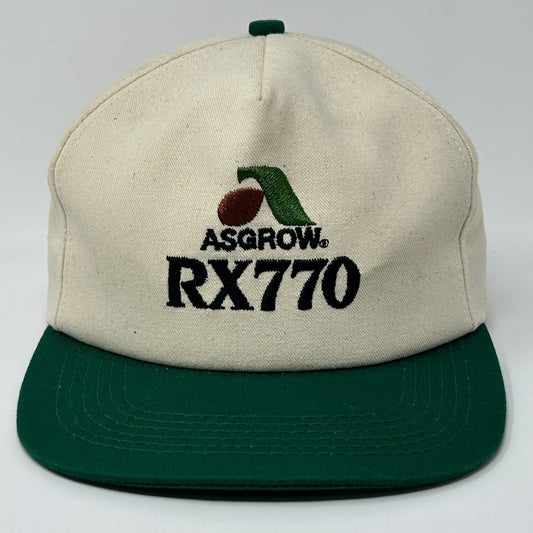 Front view of a vintage hat in cream and green with ASGROW RX770 logo embroidered on the front