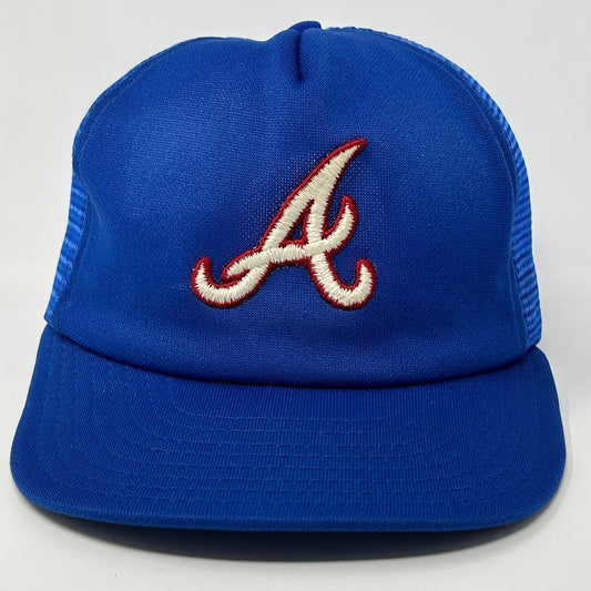 Front view of a blue Atlanta Braves Hat featuring an embroidered logo and mesh sides