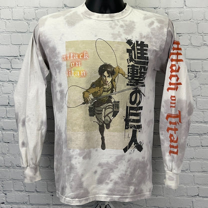 Attack on Titan long sleeve shirt in beige tie-dye featuring character graphics and red lettering