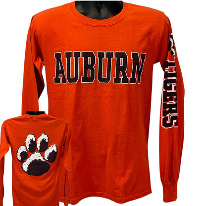 Auburn University Tigers Long Sleeve T-Shirt in orange featuring large Auburn logo and paw print detail.
