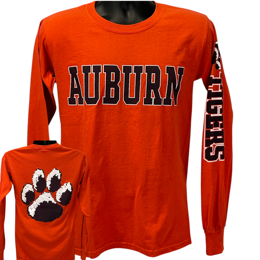 Auburn University Tigers Long Sleeve T-Shirt in orange featuring large Auburn logo and paw print detail.