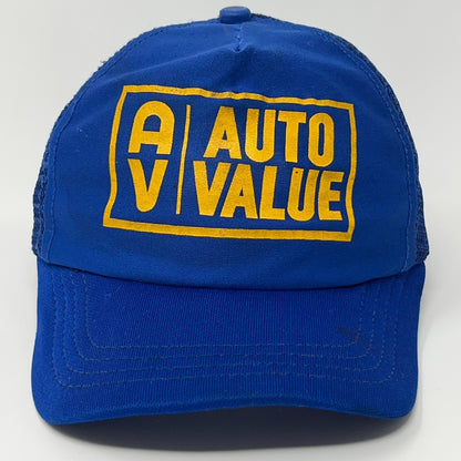 Vintage blue trucker cap featuring Auto Value logo in yellow, perfect for automotive enthusiasts