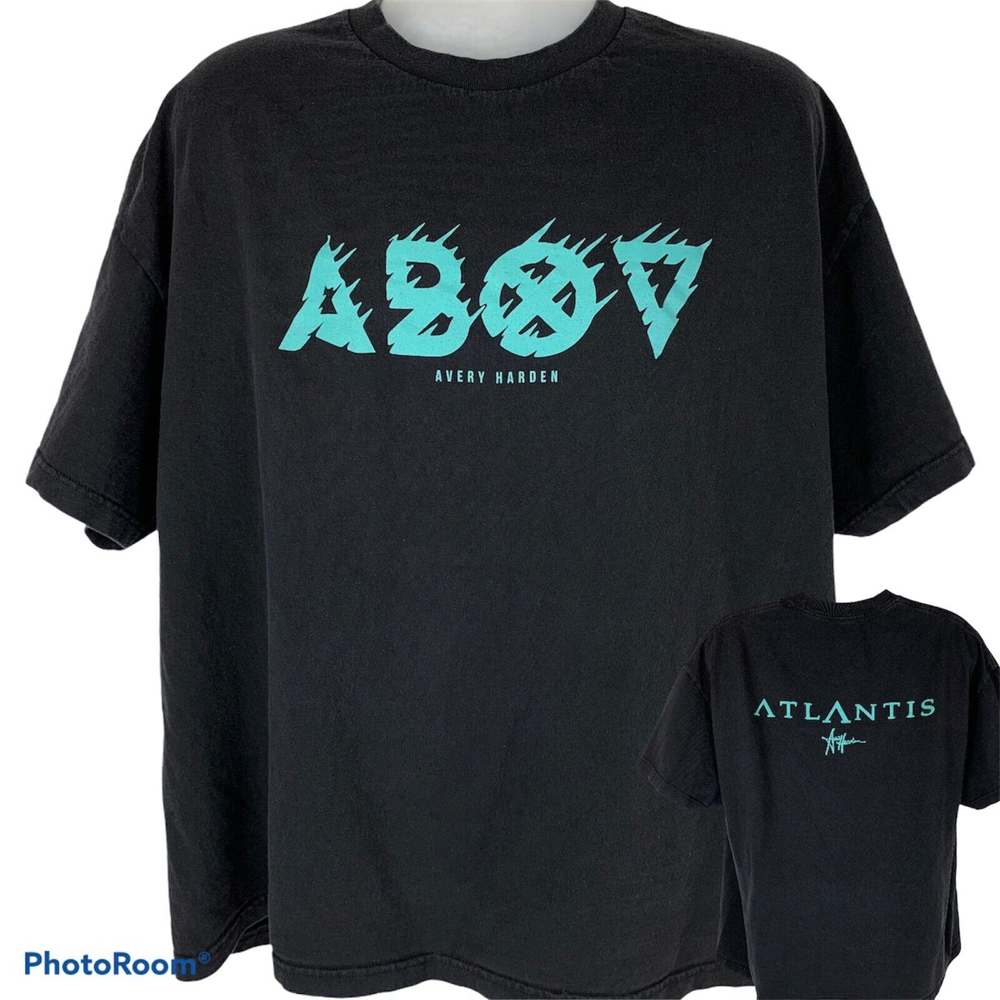 Black Gildan T-Shirt featuring Avery Harden ABOV graphic print on the front and Atlantis logo on the back