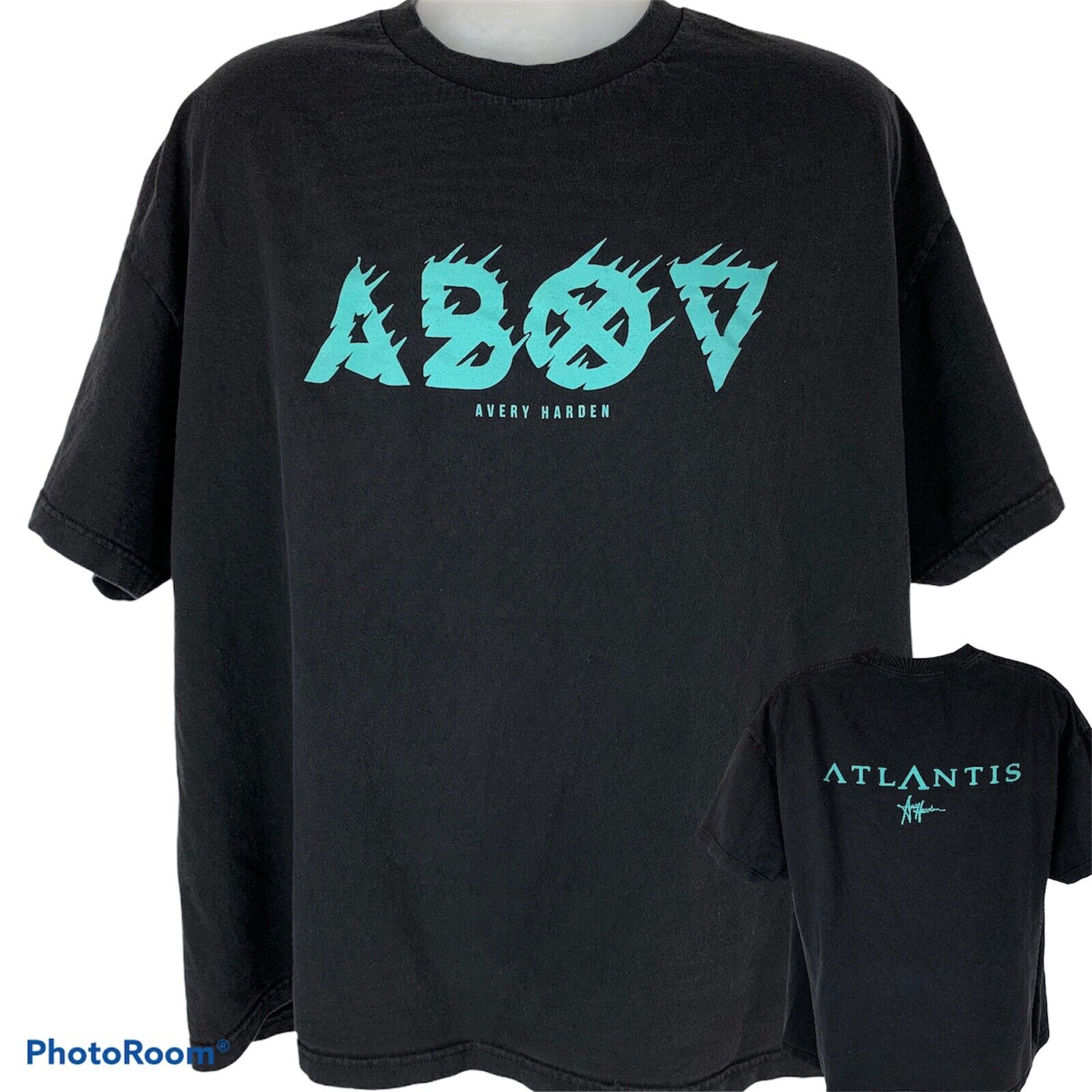 Black Gildan T-Shirt featuring Avery Harden ABOV graphic print on the front and Atlantis logo on the back