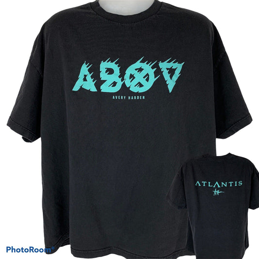Black Gildan T-Shirt featuring Avery Harden ABOV graphic print on the front and Atlantis logo on the back