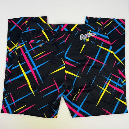 Back view of Royal & Awesome colorful Golf Pants in black with blue, pink, and yellow patterns