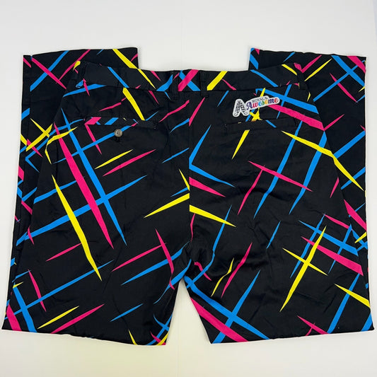 Back view of Royal & Awesome colorful Golf Pants in black with blue, pink, and yellow patterns