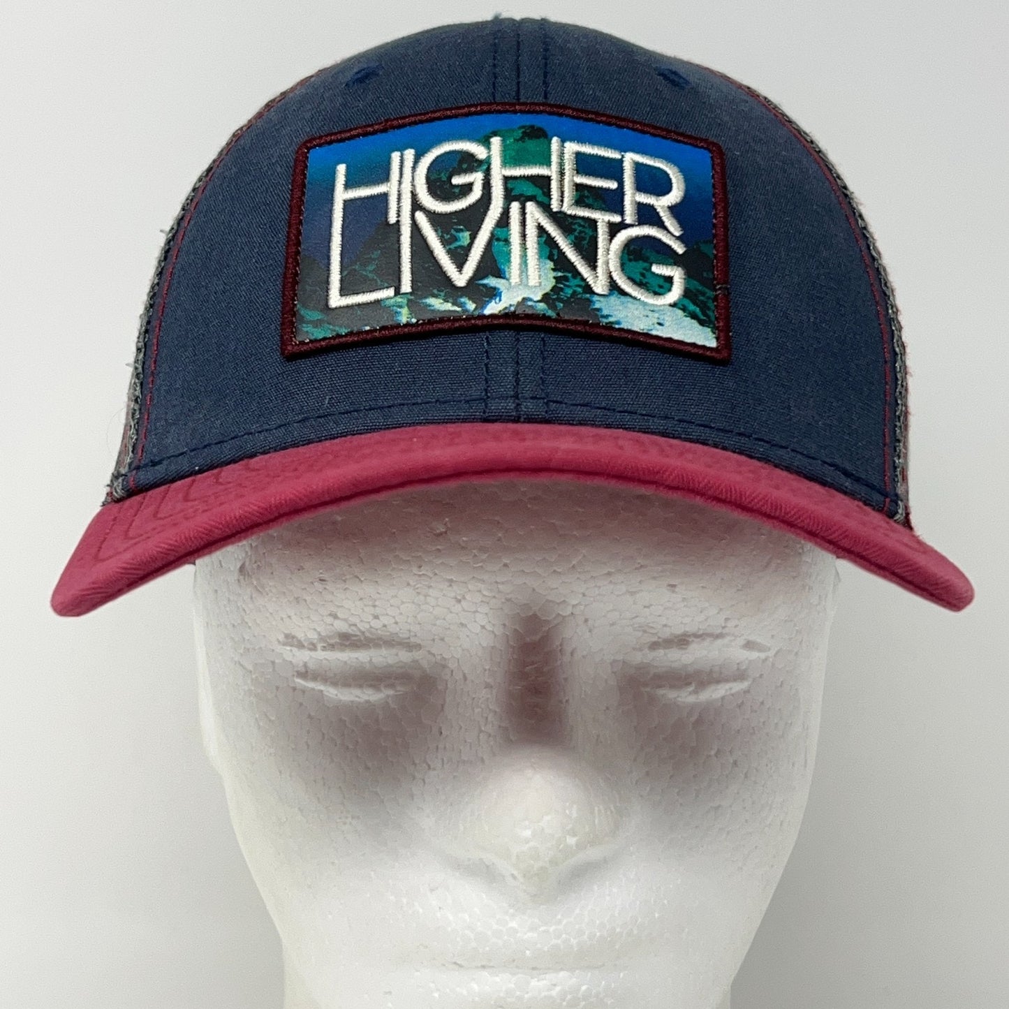 Higher Living Patch Trucker Hat Baseball Cap Prana 6 Panel Mesh Snapback Blue