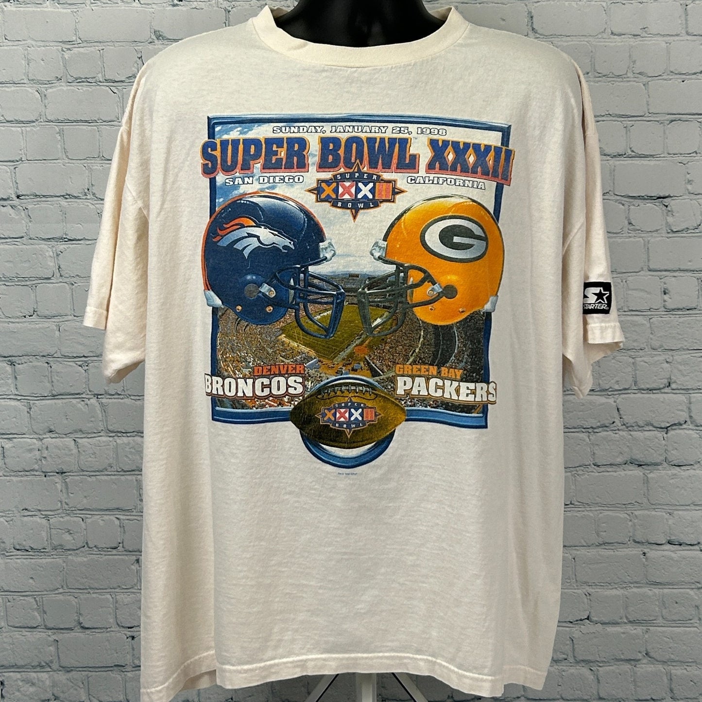 Vintage 90s Super Bowl XXXII T Shirt Denver Broncos NFL Starter Ivory XL X-Large