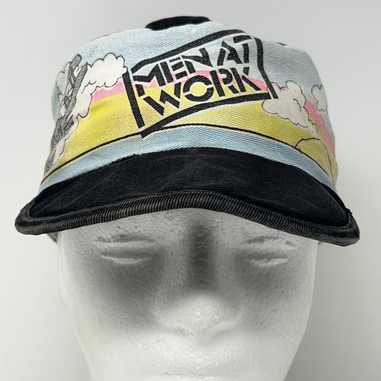 Vintage 80s Men at Work Cargo Painters Hat Baseball Cap Size S-M Black Rock Band