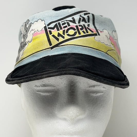 Vintage 80s Men at Work Cargo Painters Hat Baseball Cap Size S-M Black Rock Band