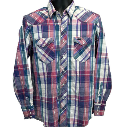 Wrangler Plaid Flannel Vintage 90s Pearl Snap Shirt Medium Western Mens Purple