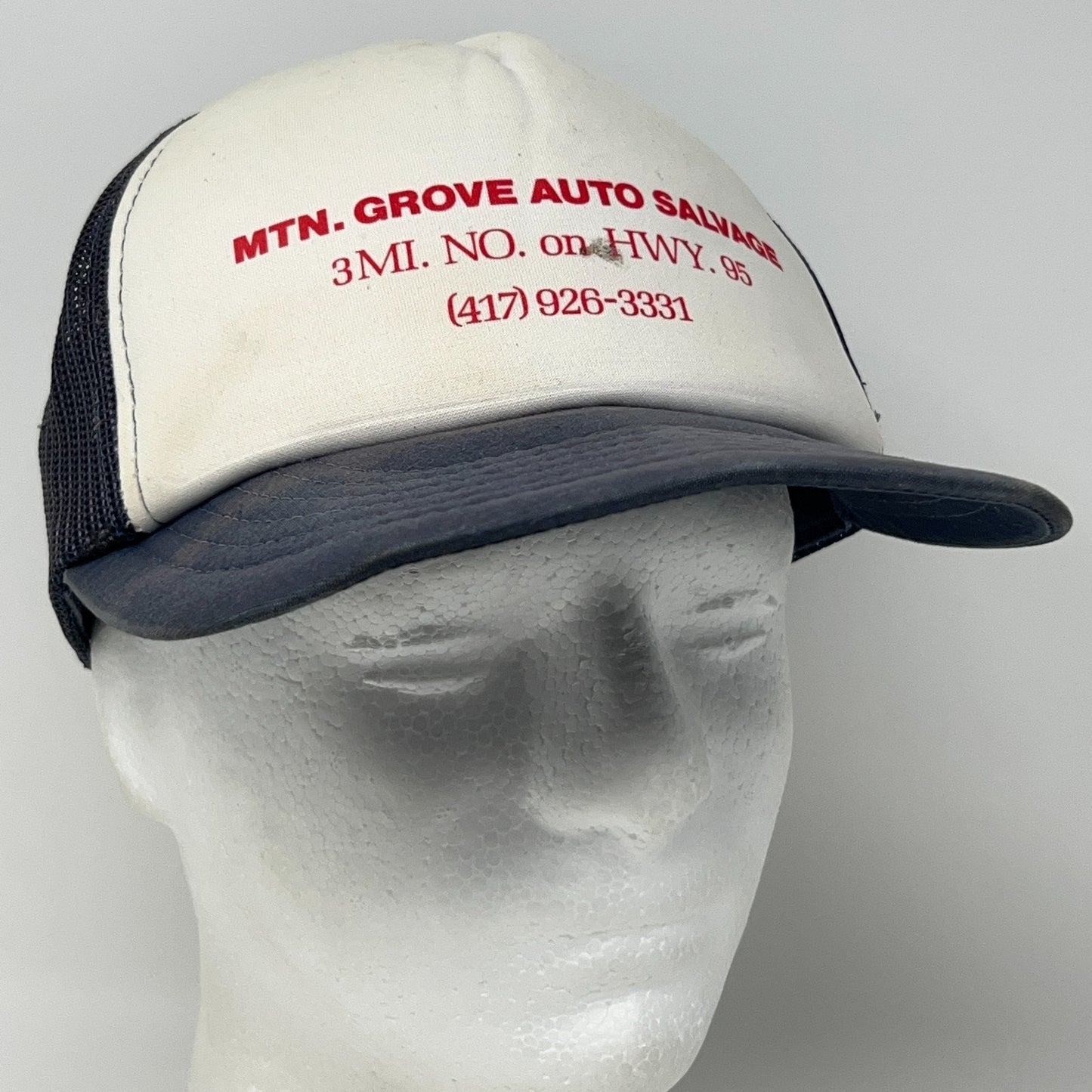 Vintage 80s Mountain Grove Auto Salvage Trucker Hat Baseball Cap Snapback Blue