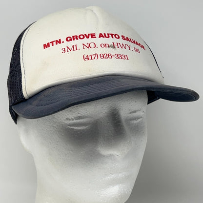 Vintage 80s Mountain Grove Auto Salvage Trucker Hat Baseball Cap Snapback Blue