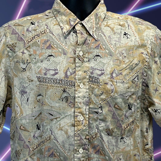 Vintage Aztec Indian Petroglyphs Button Front Shirt Mens Medium Nordstrom Beige