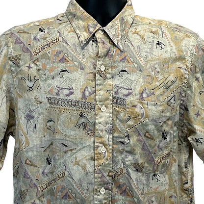 Vintage Aztec Indian Petroglyphs Button Front Shirt Mens Medium Nordstrom Beige