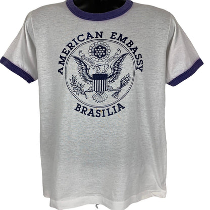 American Embassy Brasilia Vintage Ringer T Shirt Medium 80s Brazil US Mens White