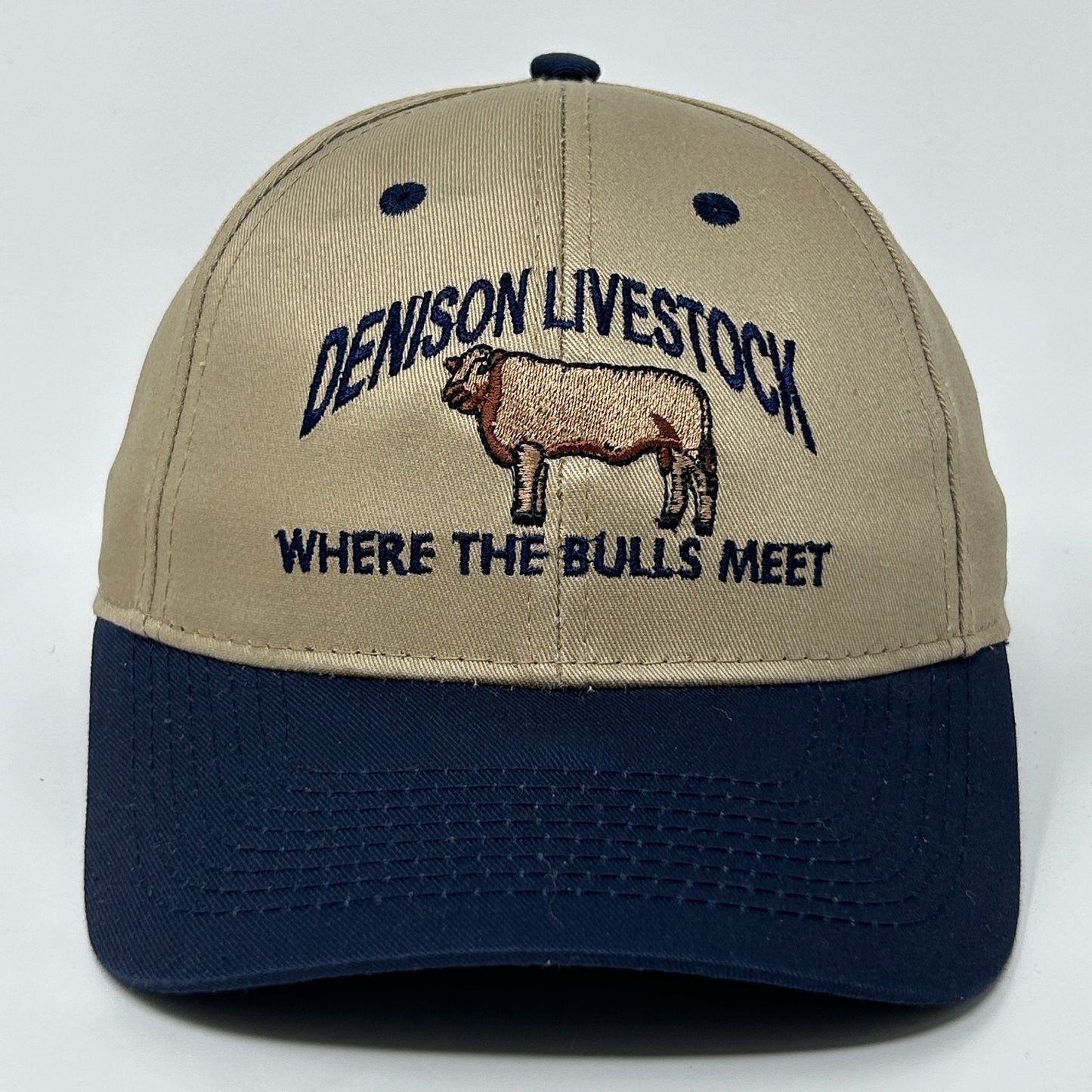Vintage 90s Denison Livestock Auction Hat Baseball Cap Iowa Bulls Snapback Beige
