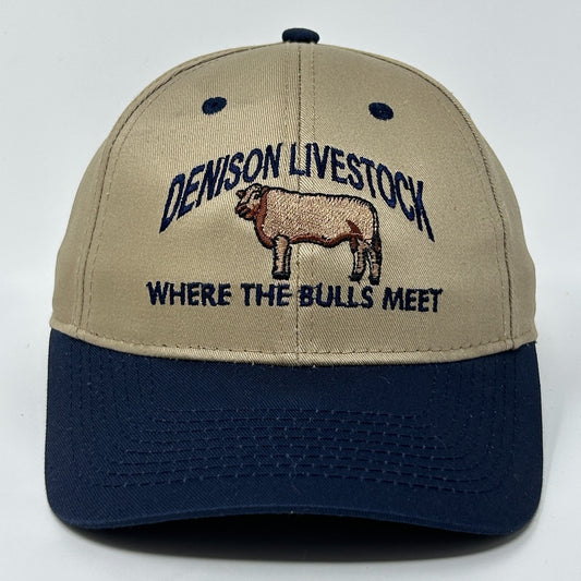 Vintage 90s Denison Livestock Auction Hat Baseball Cap Iowa Bulls Snapback Beige