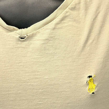 Distressed Polo Ralph Lauren T Shirt Mens M Medium Beige V Neck Short Sleeve Tee