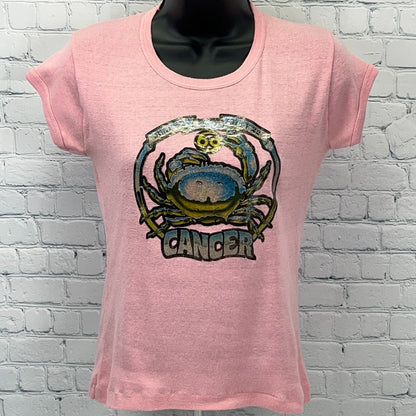 Vintage 80s Cancer Zodiac Sign T Shirt Astrology Iron On Pink Womens XS X-Small