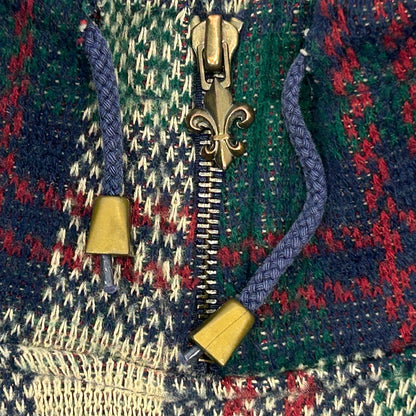 Vintage 90s Plaid Mock Neck Sweater Mens Medium Green Blue Fleur-de-lis Zipper