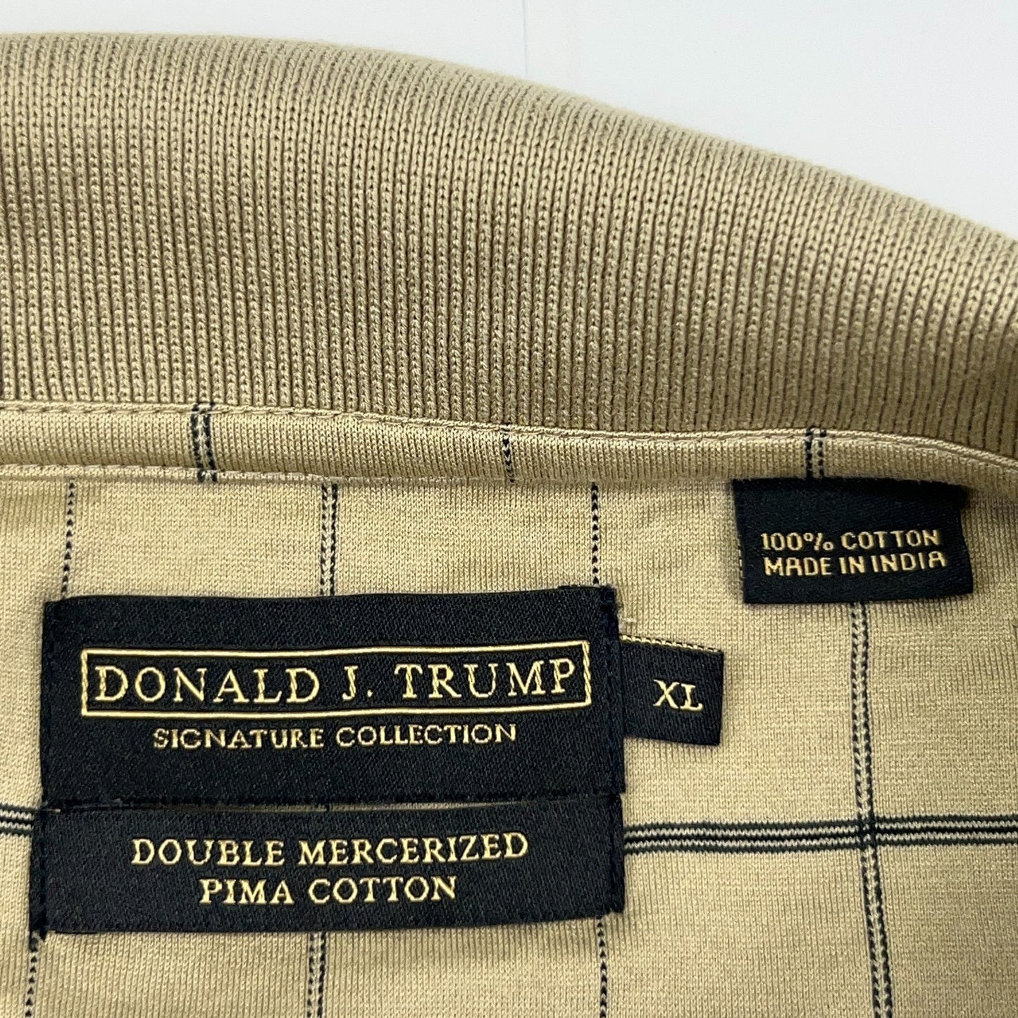 Donald J Trump Signature Collection Golf Polo Shirt Beige Check Mens XL X-Large