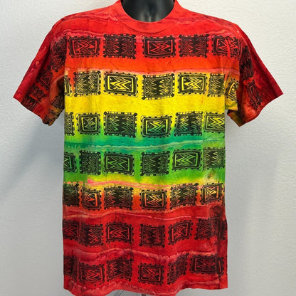 Camiseta vintage a rayas tribales aztecas grande de los años 90 con efecto tie-dye, estilo maya africano para hombre, color rojo