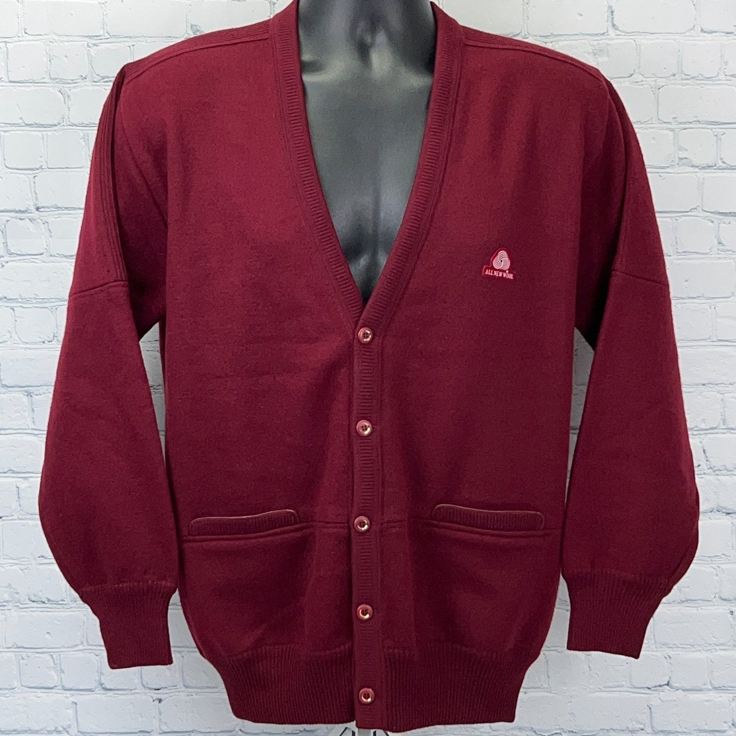 Vintage 90s All New Wool Logo Cardigan Sweater Red Long Sleeve Mens M Medium