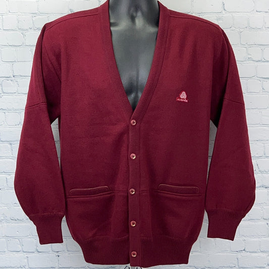 Vintage 90s All New Wool Logo Cardigan Sweater Red Long Sleeve Mens M Medium