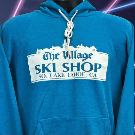 Vintage The Village Ski Shop Hoodie Medium Lake Tahoe Snowboard Skiing Mens Blue