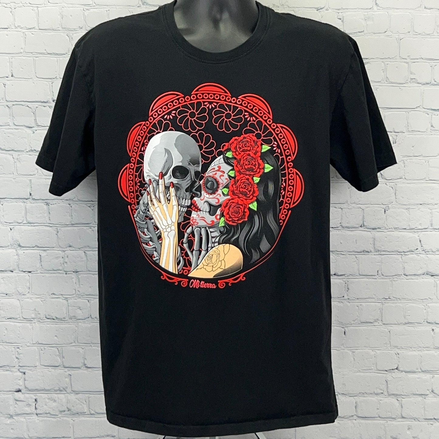 La Catrina Skull Kiss T Shirt L Large Black Day of the Dead Mi Tierra MX Mexico