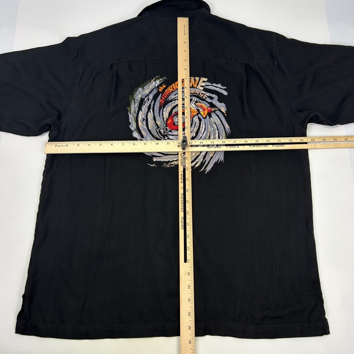 Luau The Hurricane Lounge Hawaiian Camp Shirt Embroidered Silk Black L Large