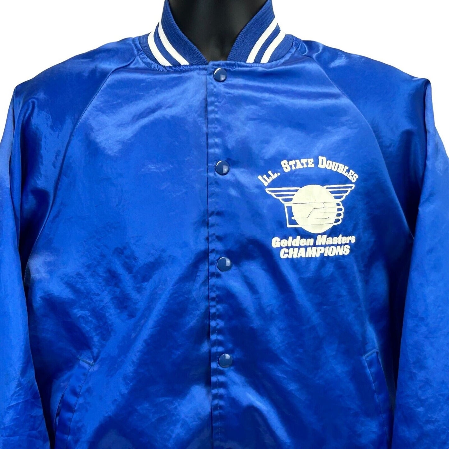 Chaqueta de satén vintage de campeones de balonmano del estado de Illinois para hombre, talla extragrande, azul, IHA, años 90