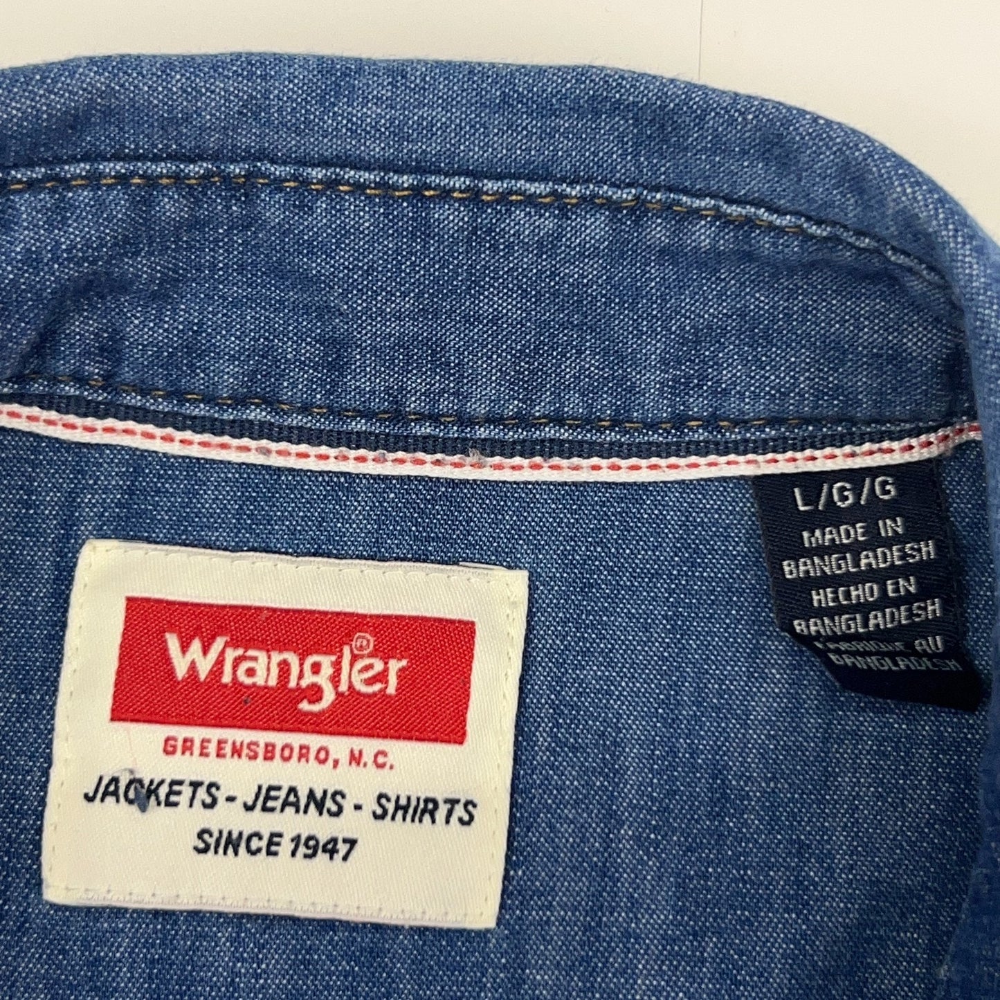 Wrangler Denim Button Front Shirt Mens L Large Blue Cowboy Western Long Sleeve