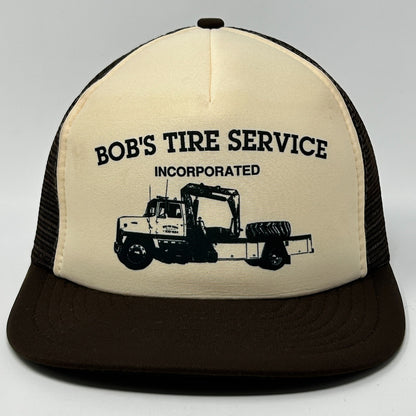 Vintage 80s Bobs Tire Service Trucker Hat Baseball Cap Mesh Snapback Brown