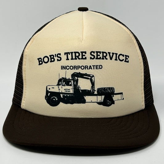 Vintage 80s Bobs Tire Service Trucker Hat Baseball Cap Mesh Snapback Brown