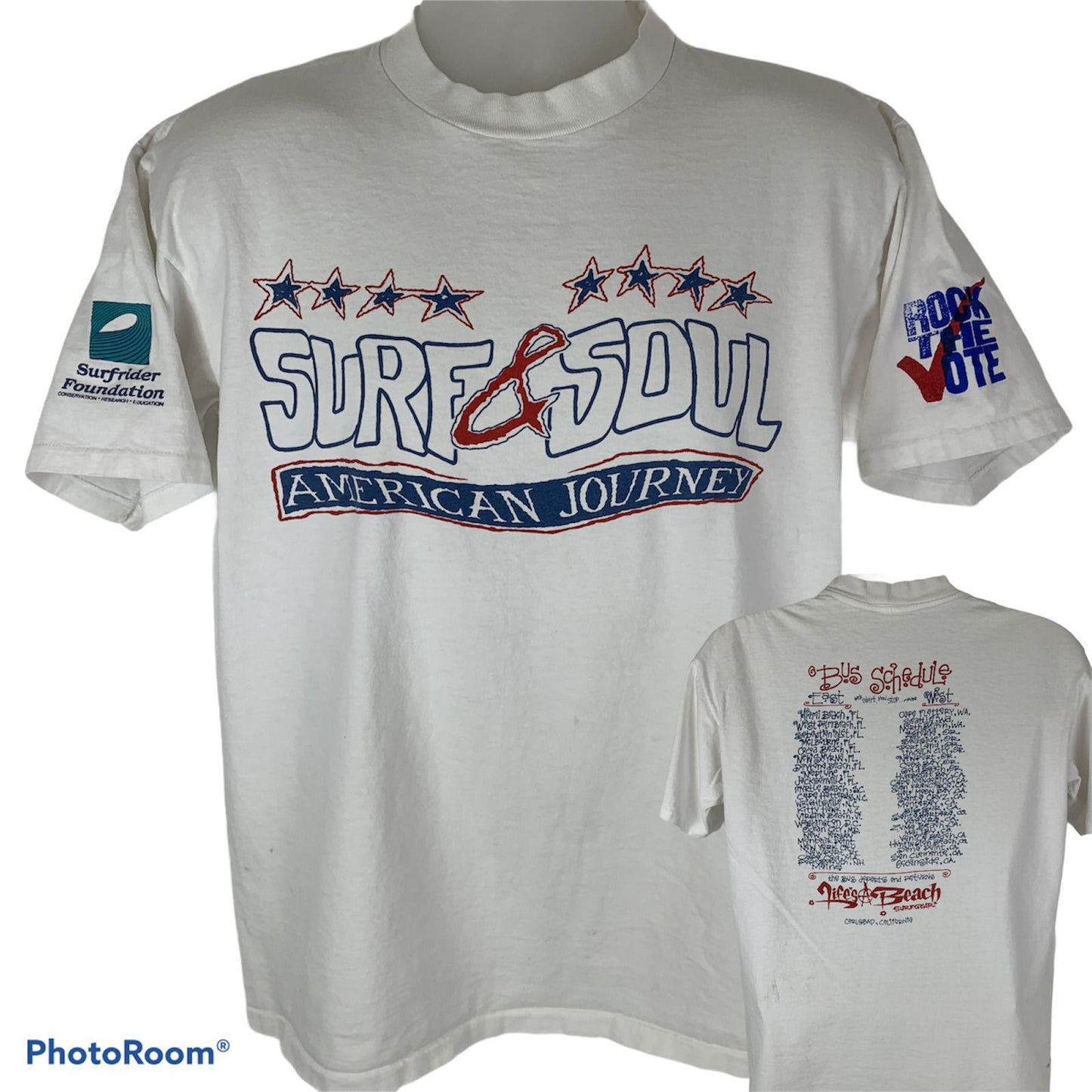 Camiseta MTV Rock the Vote Surf and Soul Vintage 90s Camiseta grande Surfrider para hombre blanca