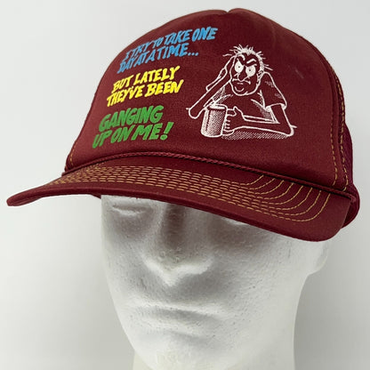 Vintage 80s Take One Day At A TIme Trucker Hat Baseball Cap Funny Snapback Red