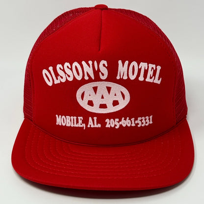 Vintage Olssons Motel Trucker Hat Cap Red 80s Mobile Alabama AAA Mesh Snapback