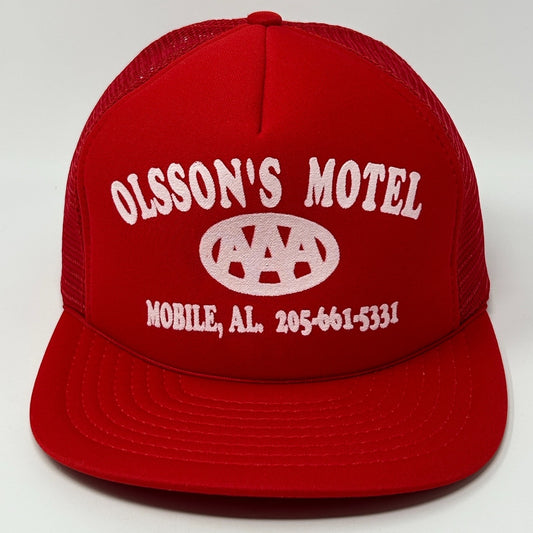 Vintage Olssons Motel Trucker Hat Cap Red 80s Mobile Alabama AAA Mesh Snapback - Neon Vintage