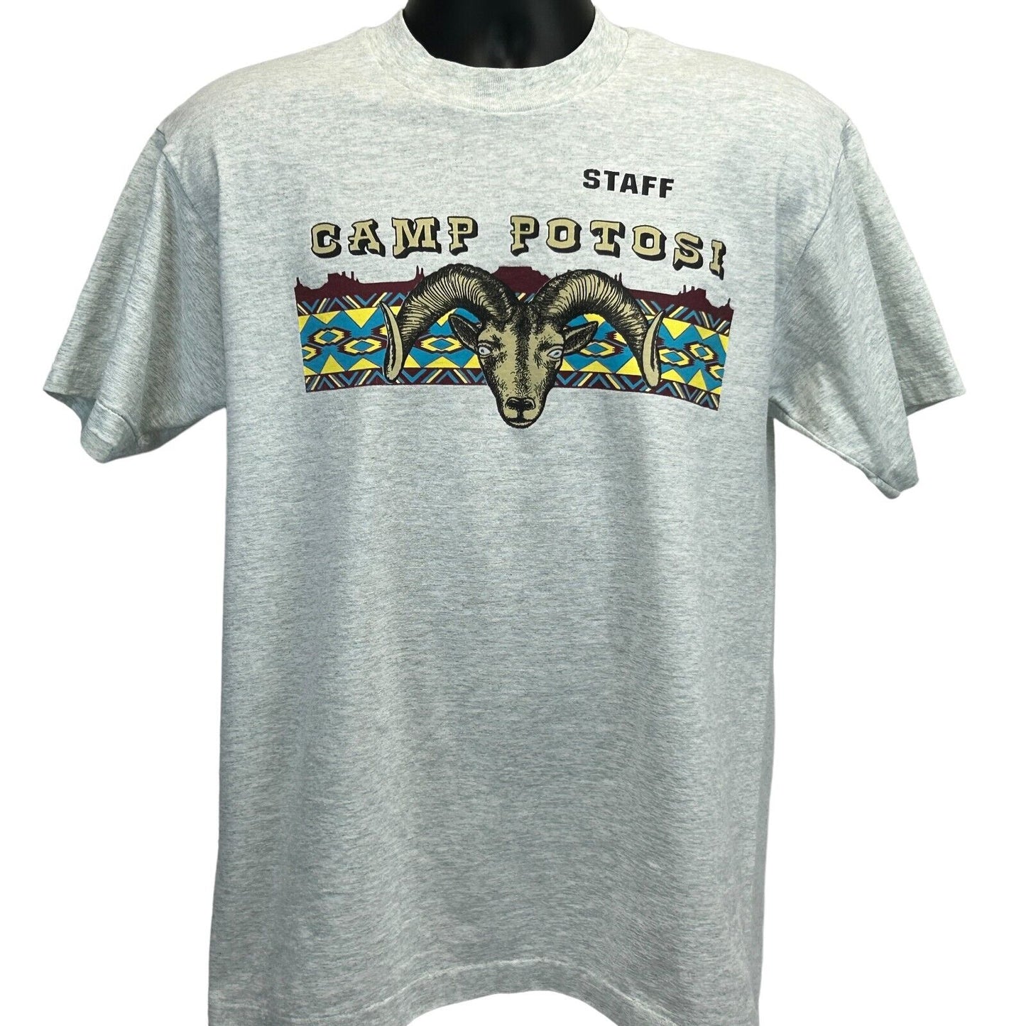 Camiseta vintage de los años 90 de Camp Potosi, con borrego cimarrón grande del suroeste de EE. UU., para hombre, color gris