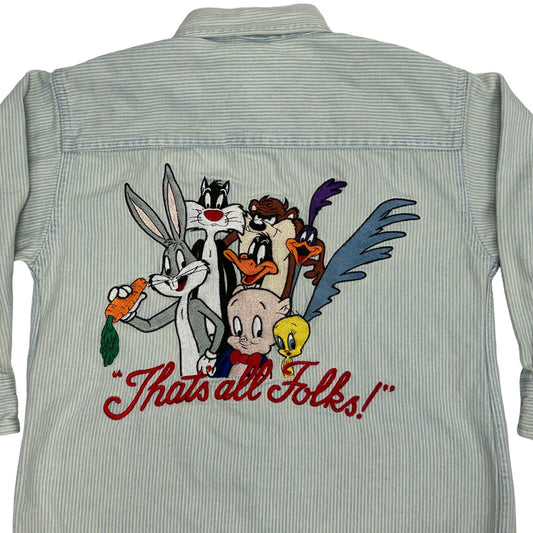 Thats All Folks Vintage 90s Youth Button Front Shirt Small Looney Tunes Blue